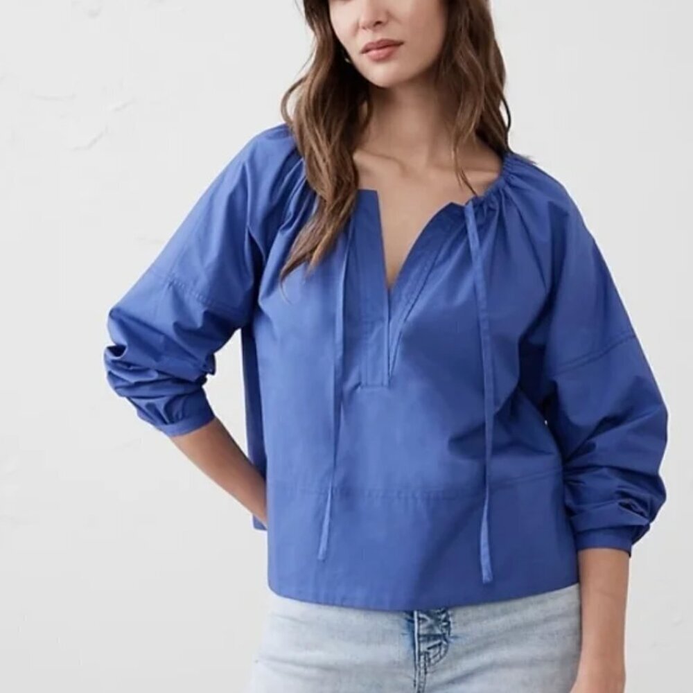Banana Republic Women's Size XS Blouse Long Balloon Sleeve Cornflower Blue Tie